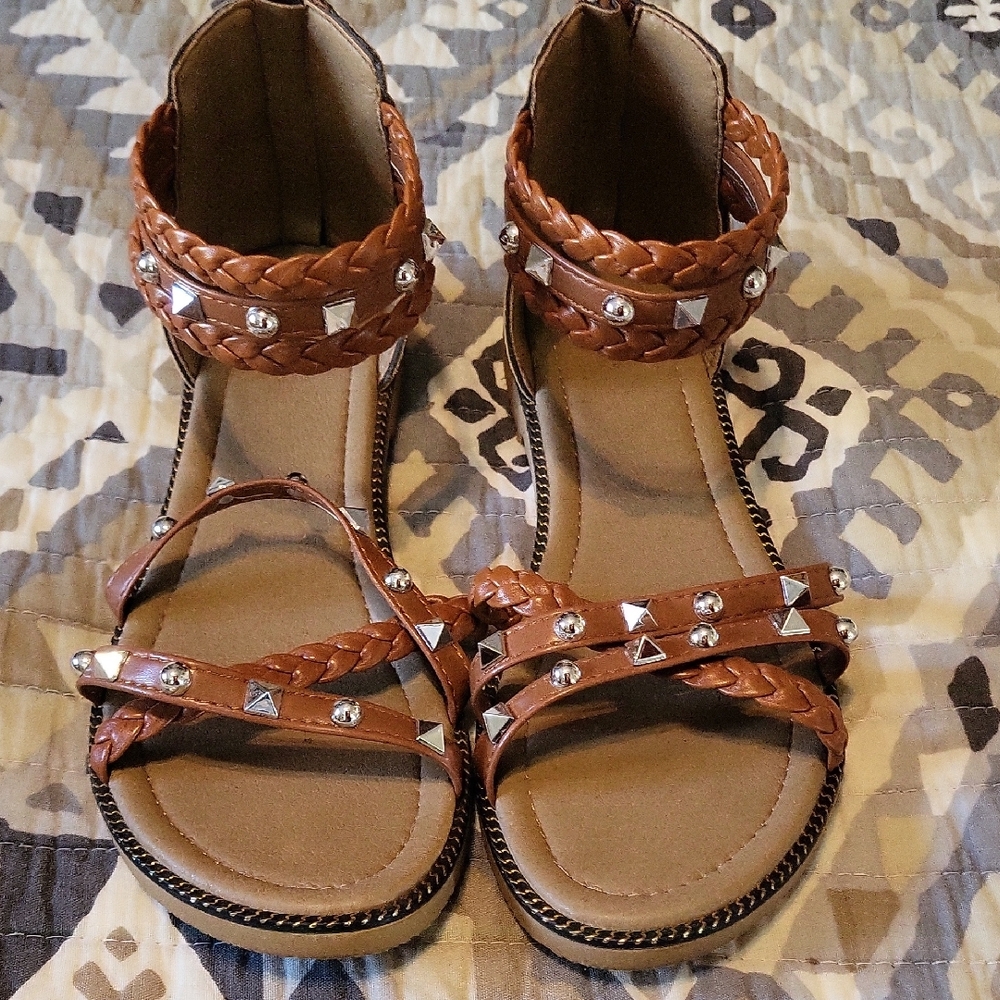 Elegant Brown Braided Sandals with Studs